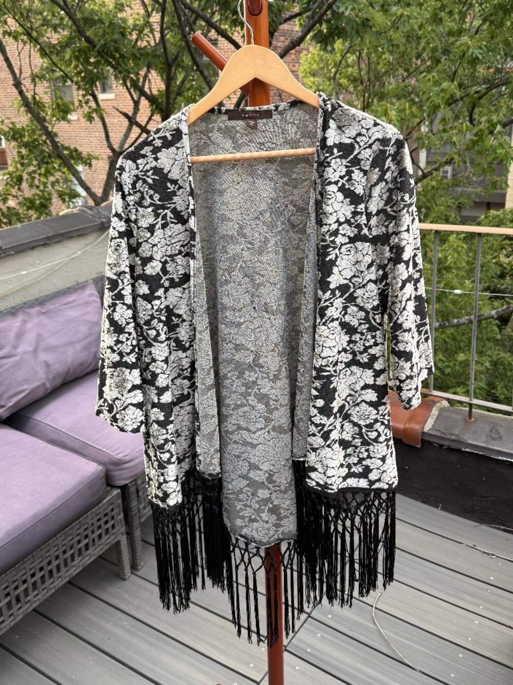 Floral Black Silver 3/4 Sleeve Light Velvet Cardigan w/ Fringe Hem by Fever